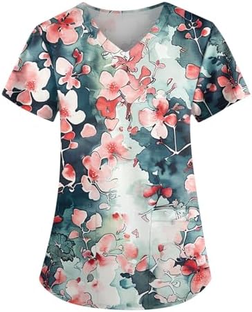 BDPORKAS Tunic Working Short Sleeve T-Shirt for Women Casual Summer V Neck Fitted Scrub Shirt Printed Comfy Loose Cute Tops