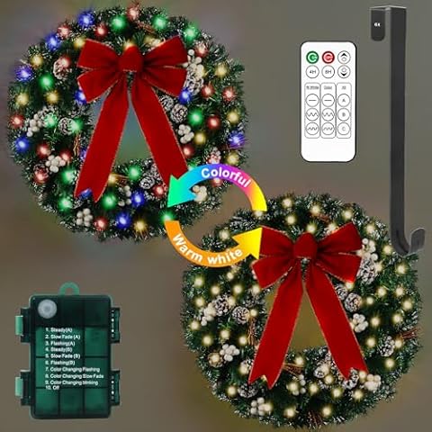 24" Prelit Christmas Door Wreath with 50 Lights & Timer & Remote - Waterproof Battery Operated Lighted Wreath with Snow Pinecone, White Berries, Bow & Hanger for Front Door Christmas Decorations Cover