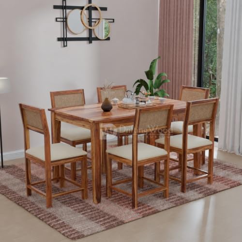 Image of DRIFTINGWOOD Amber Solid Sheesham Wood 6 Seater Dining Table Set with Rattan Back Chairs | Beige Velvet Cushioned Seating for Home & Dining Room (Natural Finish, DIY)
