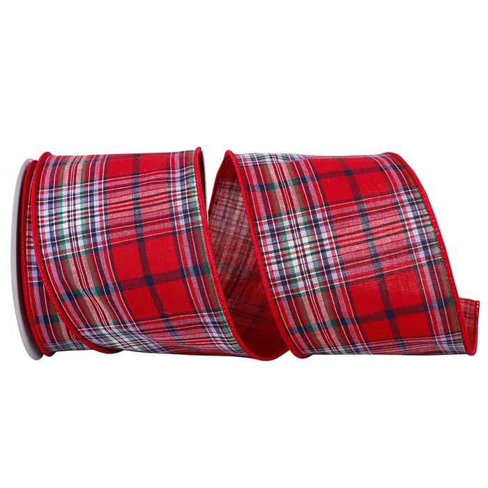 Reliant Ribbon 93711W-065-10F Plaid Regent Wired Edge, Red, 4 Inch, 10 Yards