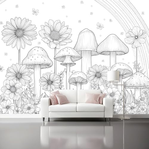 Black White Photo Wallpaper, Painted Garden Mushrooms Flowers Print Wall Mural, 3D Wall Mural Decoration Poster Design, Canvas Material for Living Room Bedroom Nursery Action 400 x 280 cm (W x H)