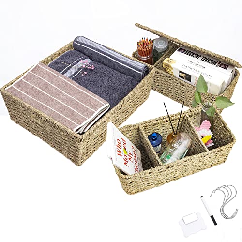 MAHGOUB Rechteckige Seegras-Körbe, Deckel, rechteckige Weidenkörbe mit integrierten Griffen (3 Stück), Badezimmer-Aufbewahrungskorb, Toilettenpapierkorb, geeignet für Körbe, Regal, Küche, Waschküche Cover