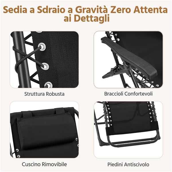 Yaheetech Set di 2 Sedie Sdraio da Giardino Zero Gravity e Tavolino con Portabicchieri, Set Sedie Pieghevoli con Poggiatesta, Portabicchieri, Pedale, Schienale Regolabile, Nero (Nero)