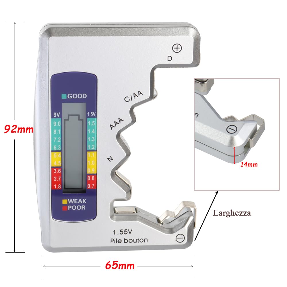 Mesee Misuratore Digitale Batterie Universale, Tester Batterie LCD Portatile per AA AAA C D N 9V 1.5V