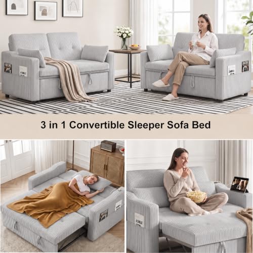 Image of 51.6 inch 3-in-1 Convertible Sleeper Sofa Bed, Pull Out Loveseat Couch with 5-Position Adjustable Backrest, USB & Type-C Ports, Side Storage Pockets, Corduroy Sofa Bed for Small Spaces