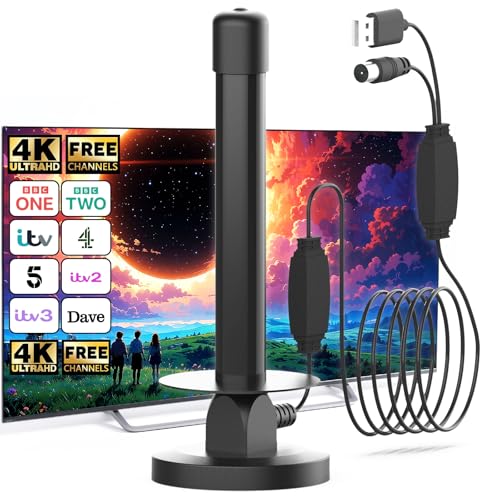 TV Aerial Indoor with Magnetic Base, Signal Booster Compatible with All TVs, Supports 8K/4K/1080P, Strong Reception, Digital TV Antenna Indoor Aerial for Smart TV – 5M Cable