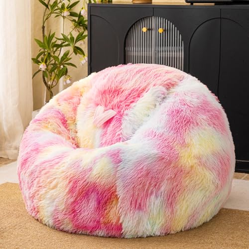 HAIHUA Fluffy Faux Fur Bean Bag Chair Cover(No Filler), Rainbow