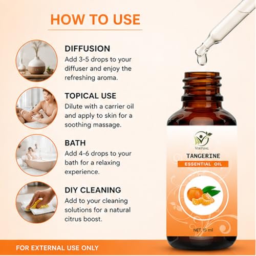 Image of VIRTUAL Tangerine Essential Oil 15ml Pure Aromatherapy Essential Oil for Diffuser Massage Spa Relaxation Home Fragrance and Wellness