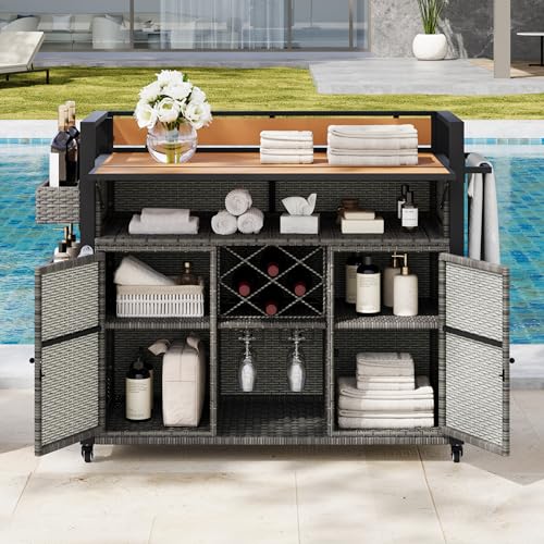 Image of Merax 52.8 inch W Wicker Outdoor Grill Cart with Extended Plastic Wood Table Top, Rolling Kitchen Island on Wheels with Storage Cabinet, for Patio Backyard Garden Poolside, Double Handle Design, Grey