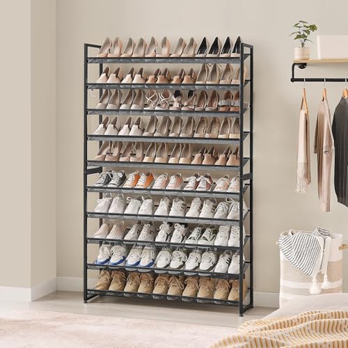 Image of Nunsino Shoe Rack, Long Shoe Organizer,Max Holds 62 Pairs,10 Tier Metal Shoe Storage Shelf,5-Tier Stackable Shoes Organizer for Garage, Entryway,Black