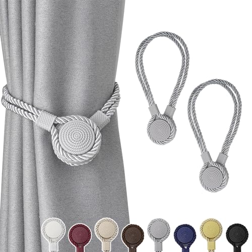NICEEC 2 Pack Strong Magnetic Curtain Tiebacks Unique Medal Shape Decorative Drape Tie Backs Elegant Hand-Woven Rope Curtain Holdbacks for Home & Office Draperies Decor (Grey)