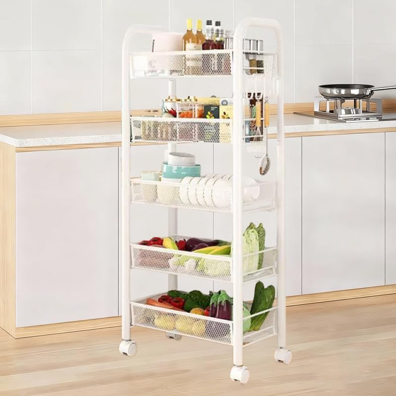 woshapce 5 Tier Kitchen Trolley, Metal Mesh Vegetable Rack for Kitchen, Veg Rack with Detachable Vegetable Baskets, Storage Trolley Cart for Kitchen, Bathroom, Living Room (White 5-tier)