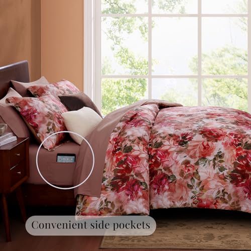 CASAAGUSTO Queen Comforter Set, 7 PCS Red Rose Floral Comforter Set with Flowers Leaves Pattern, Soft Seersucker Design All Season Queen Size Bedding Set(90"X90")