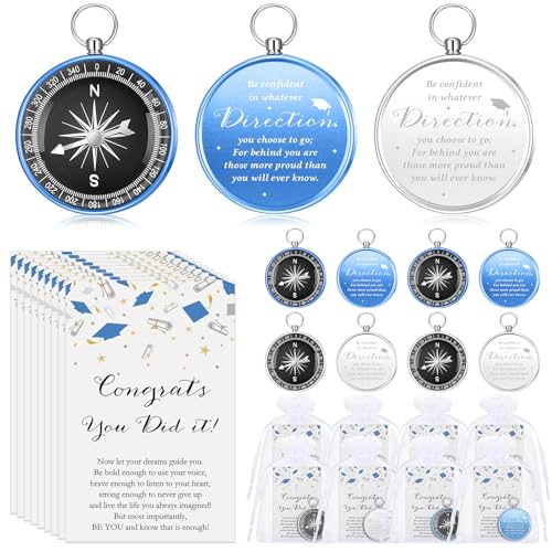 Beeveer 25 Sets Class of 2025 Graduation Gifts Pocket Compass Keychain Inspirational Cards Organza Bags You Did It College Grad Party Favor for Student Friend Graduation Gift(Blue, Silver)