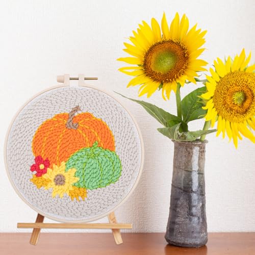 Image of Louise Maelys Beginners Punch Needle kit,Embroidery Starter Kits for Adults,Rug Cross Stitch Tool Including Handle Pen,Cloth,Hoop,Threads and Instruction-Pumpkin Pattern