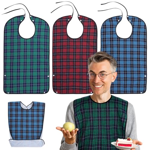 JOUTYFOR 3 Packs Adult Bibs for Men - Reusable Bibs for Adult Eating, Clothing Protector with Crumb Catcher, Waterproof & Machine Washable Large Bids for Elderly Seniors Gifts for Men/Dad/Father