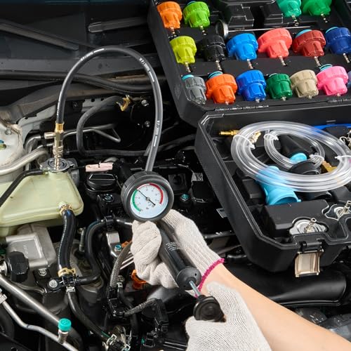 Image of VEVOR 28 pcs Universal Radiator Pressure Tester Kit, Coolant Pressure Tester Kit with Manual Pump and Color-Coded Test Caps, Coolant Vacuum Refill kit for Cars Motorcycles Trucks Cooling System