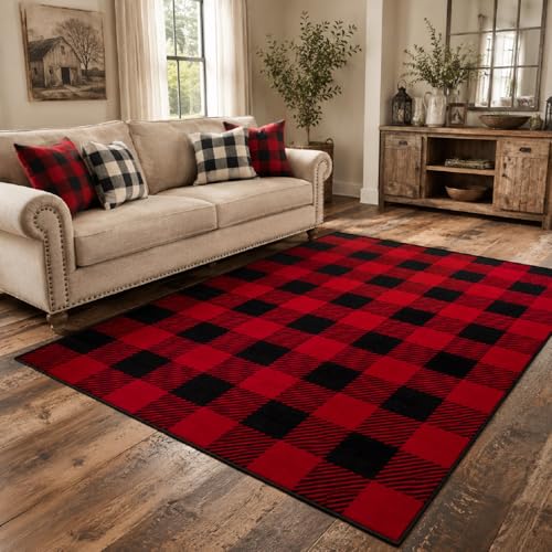 9CH Red Black Buffalo Plaid Rug 7' x 5', Christmas Faux Wool Area Rugs Non-Slip, Red Buffalo Check Rugs Carpet for Kitchen Living Room Bedroom