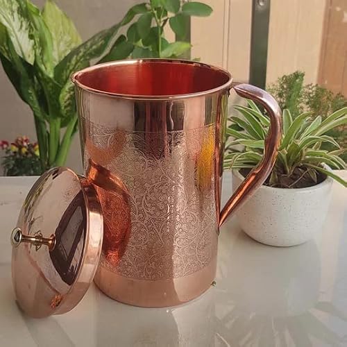 Vibranic Krug aus Kupfer, geprägtes Design mit Deckel mit Messingknauf, reines massives Kupfer, handgefertigt, geprägt, ideal für Zuhause, Hotel und Geschenk, Volumen - 1500 ml Cover