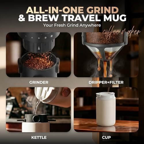 HAUSHOF Portable Electric Coffee Grinder, Travel Coffee Maker and Brewing Kit, Coffee Grinders for Home Use, Portable Pour Over Coffee Maker For Travel, Camping, Car