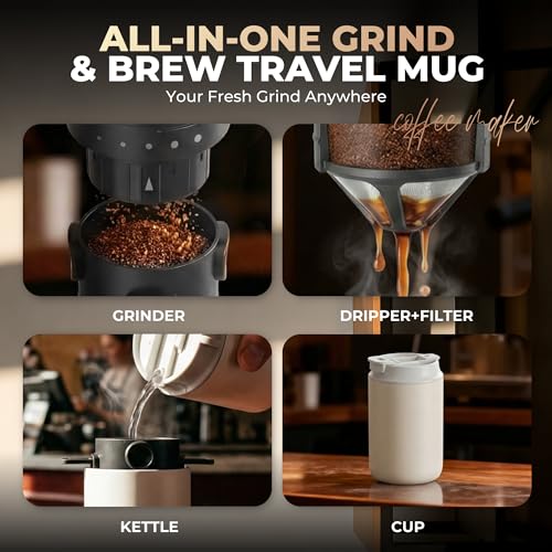 Image of HAUSHOF Portable Travel Coffee Maker, Cordless Coffee Maker Small Pour Over Set, Compact Coffee Maker with Electric Grinder & Insulated Mug for Travel, Camping, Car