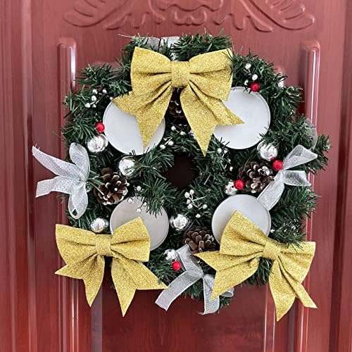 YUNSTK 12pcs Glitter Christmas Bows, Gold Bows for Christmas Tree, 5.5in Wreaths Bows Xmas Bow Decorations, Sequin Bow Ties Gold Christmas Bows for Xmas Tree Wreaths Garland Gift Wrapping Decor