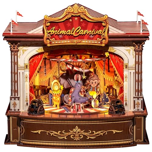 CUTEBEE 3D Holzpuzzle für Erwachsene - Rotierende Spieluhr Miniatur Haus Tier-Karneval 3D Puzzle Modellbausätze, DIY Bastelset, Bücherregal Deko, Kreativgeschenk