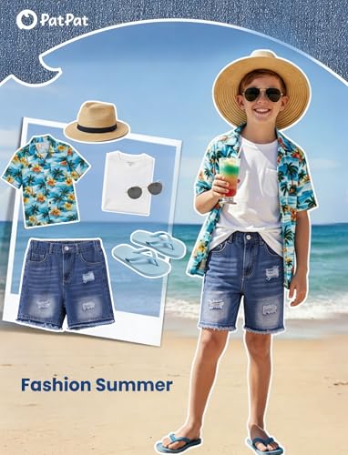 PATPAT Boys Denim Shorts Ripped Holes Soft Elastic Band Jeans Shorts with Pockets Casual Mid Elastic Waist Baggy Jorts Blue, 9-10Y — view 5