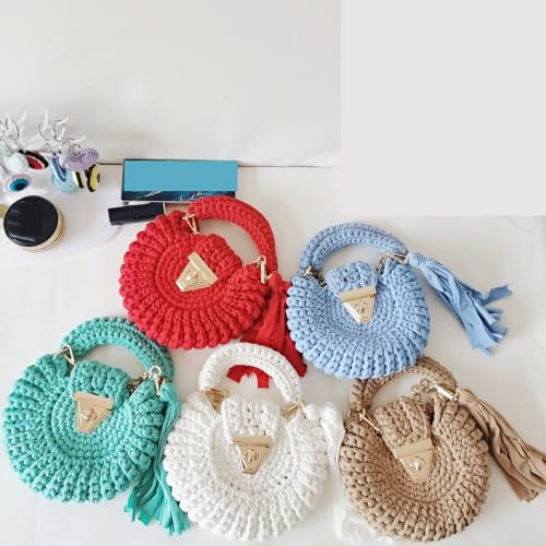 Women's Bag, Solid Color Cloth Strip Crochet, Round Fringed Purse, Single Shoulder Handbag for Women for Café, Beach3
