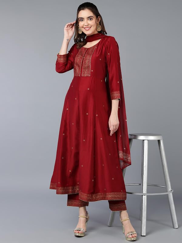 Image of Vaamsi Women's Silk Blend Yoke Design Solid Flared Kurta Pant With Dupatta
