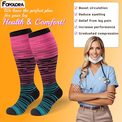 Image of Plus Size Compression Socks for Women & Men 3 Pairs, Wide Calf Extra Large 20-30 mmHg Knee High Support Socks for Travel, Running, Nurse