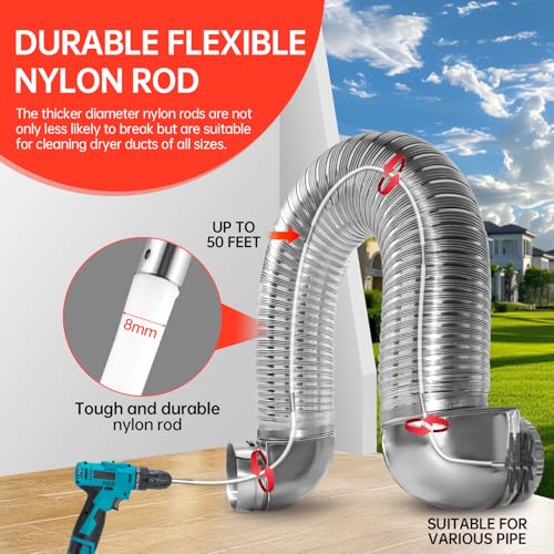 BLuesea Dryer Vent Cleaner Kit, 15-Piece Ultimate Dryer Cleaning Kit Include 50 Feet Dryer Vent Brush, Upgrade Noiseless Dryer Lint Vacuum Attachment, Lint Trap Brush, Vacuum & Dryer Adapters