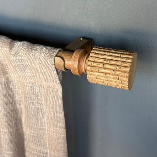 Adjustable 36-72 Inch Wooden Curtain Rods for Windows 24-68 Inch, Heavy Duty Single Rod Boho Decorative Curtain Rods Wood with Bamboo/Rattan-style Finials for Farmhouse, Living Room