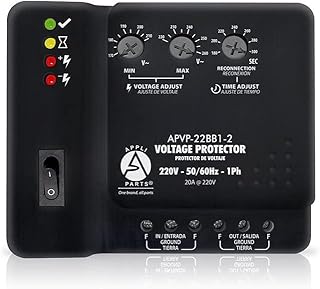 Appli Parts Voltage Surge Protector with Adjustable Range and Reconnecting Time 220V 50-60Hz 1Ph 20A works with all electric appliances and units with rated electrical consumption APVP-22BB1-2