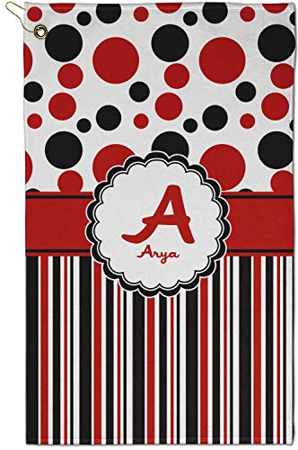 RNK Shops Personalized Red & Black Dots & Stripes Golf Towel - Poly-Cotton Blend - Small w/Name and Initial