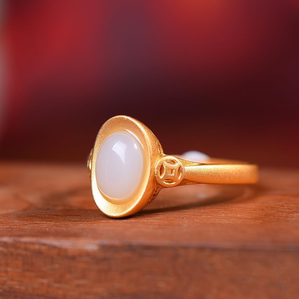 S925 Silver-Inlaid Natural White Jade Yuanbao Ring Opening Adjustable Including Certificate