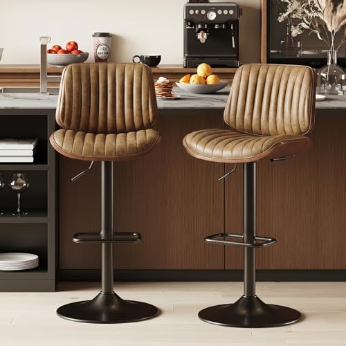 Image of MALOL Bar Stools Set of 2, Adjustable Counter Height Bar Chairs 26 inch-34.5 inch with Swivel & Footrest, Modern Faux Leather Barstools for Kitchen Island, Dining Room,Pub,Brown