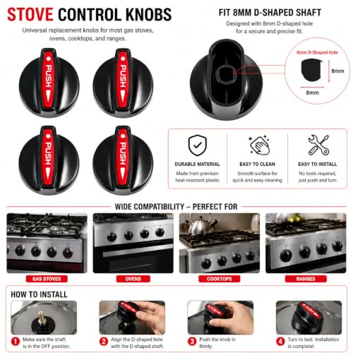 Image of Universal fit Knob for Gas Stove Replacement Parts | Long Lasting, Smooth Operation, Premium PVC On-Off Push Type 8 MM Spindle Black Knob for All Sleek Slim Modal Gas Stove (P2, Pack of-3)