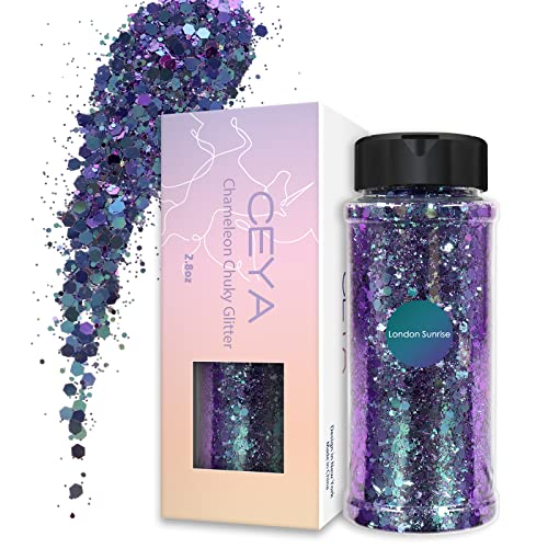 Ceya Chameleon Chunky Glitter, 2.8oz/ 80g London Sunrise Color Shift Craft Glitter Powder Color Changing Iridescent Flake Sequin for Epoxy Resin, Nail, Tumbler, Phone Case, Party Decor, Jewelry Making