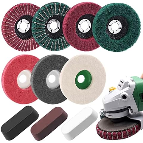 Mardatt 17 Pcs 4'' Polishing Buffering Wheels Assorted Set with Compound Includes 14 Pcs Wool & Nylon Fiber Sanding Flap Discs and 3Pcs Black, Brown & Green Compounds for Angle Grinder Cover