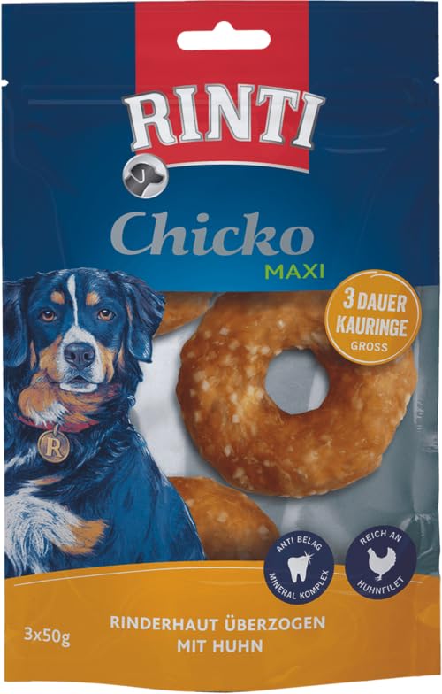 Rinti Chicko Maxi Kauringe | Doppelpack | 2 x 150 g | Aus bissfester Rinderhaut mit Hühnerfleisch überzogen | Putzkörperchen auf Mineralstoffbasis | Wiederverschließbar
