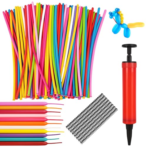 100 Modelling Balloons, Long Balloon for Tying, Balloon Animal Making Kit with Pump and Eye Stickers, Big Balloons for Kids Party Decorations and Fun Activities