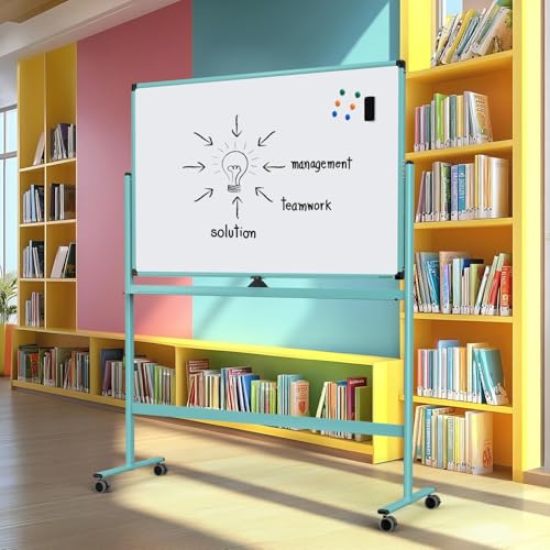 Image of Large Dry-Erase Rolling Magnetic Whiteboard - 48 x 32 Inches Dry Erase Board with Stand Height Adjust Double Sides Mobile White Board Easel on Wheels with 25 Sheets Paper Pad Office, Home & Classroom