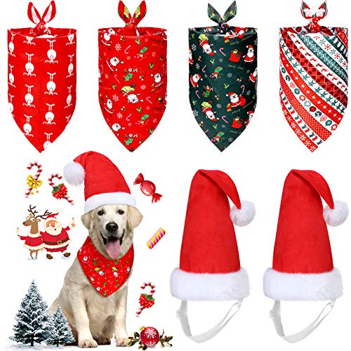 SATINIOR Dog Christmas Santa Hat and Bandana 2 Pieces Adjustable Christmas Pet Hat and 4 Pieces Pet Triangle Bandana Scarf Pet Kerchief Bib Christmas Patterns Accessories for Small Medium Large Dog