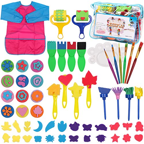DigHealth Éponges de Peinture pour Enfants,58 Pièce Éponge Peinture Pinceaux Lavable Kit avec Tablier Imperméable,Enfants Éducation Précoce Art Outils de Peinture pour Bricolage Artisanat d'art