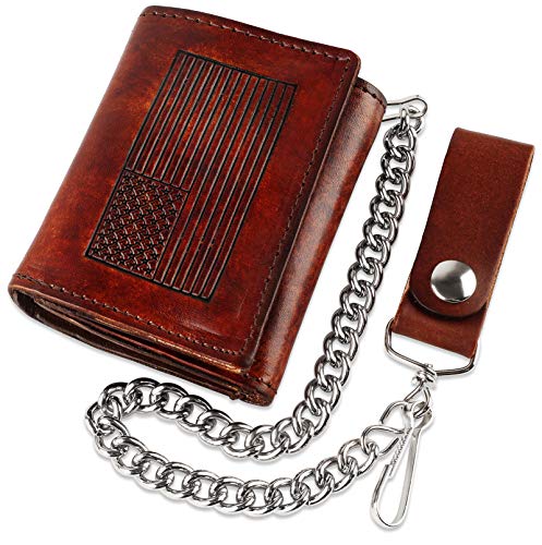 F&L CLASSIC RFID Blocking cartera de cadena de acero de cuero de vaca estilo vintage de tres pliegues para hombre, cierre a presión, fabricado en EE. UU, - talla única