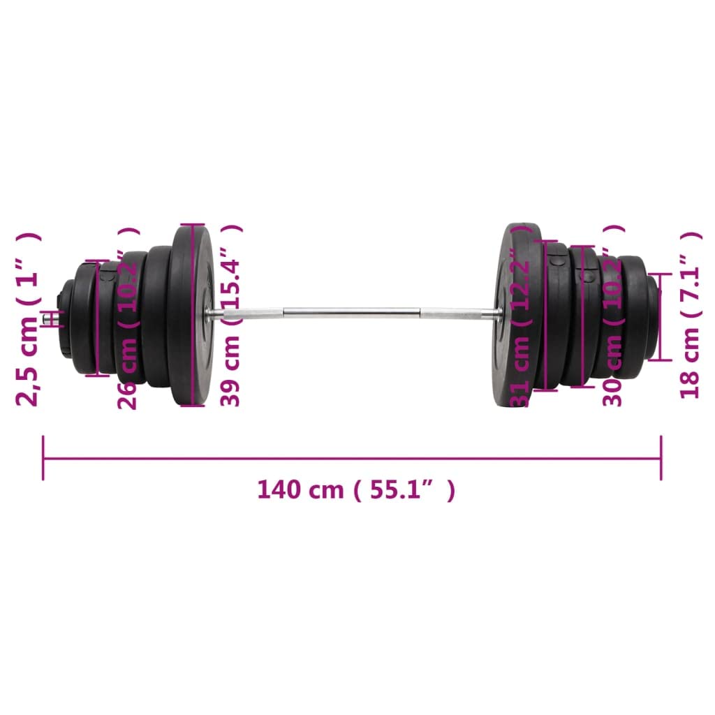 Zestaw sztangi ze stali chromowanej 90 kg z wytłoczonymi tarczami obciążającymi, 4 x 5 kg, 2 x 7,5 2 1,25 15 15 10 sztangi z tworzywa sztucznego, do treningu