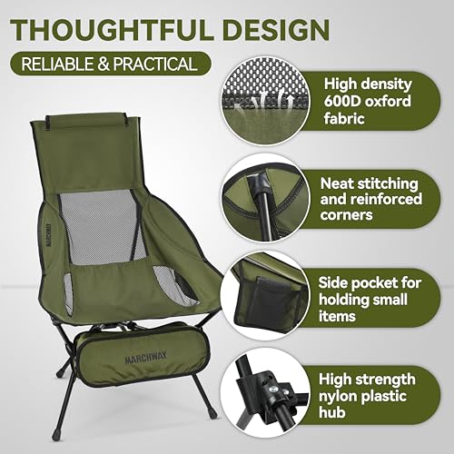 MARCHWAY Lightweight Folding High Back Camping Chair with Head Support, Stable Portable Compact for Outdoor Camp, Travel, Beach, Picnic, Festival, Hiking, Backpacking (Highback Green) - view 3
