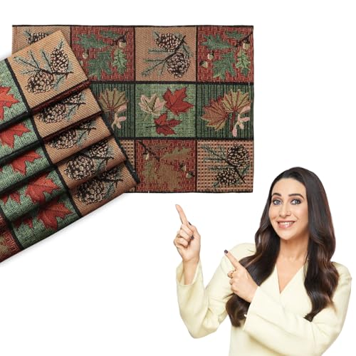 Image of HOKIPO Cotton Jacquard Placemats Set of 6 (12x18 Inches) (IN-530-D6*6) Multicolor Leaf