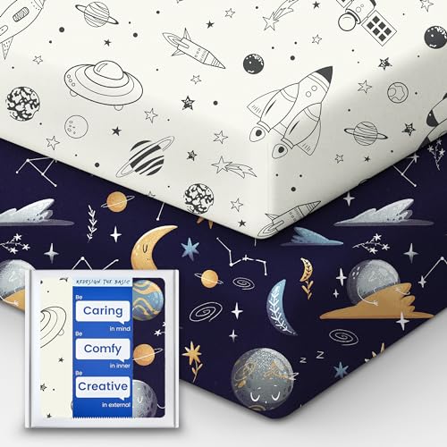 Image of TOTBASIC Crib Sheet for Boy Girl, Premium Soft Jersey Knit Fitted Crib Sheet, Safe and Snug, Durable, Stylish Crib Sheet, 28''x52''x9'' Extra Deep Pocket, Night Space